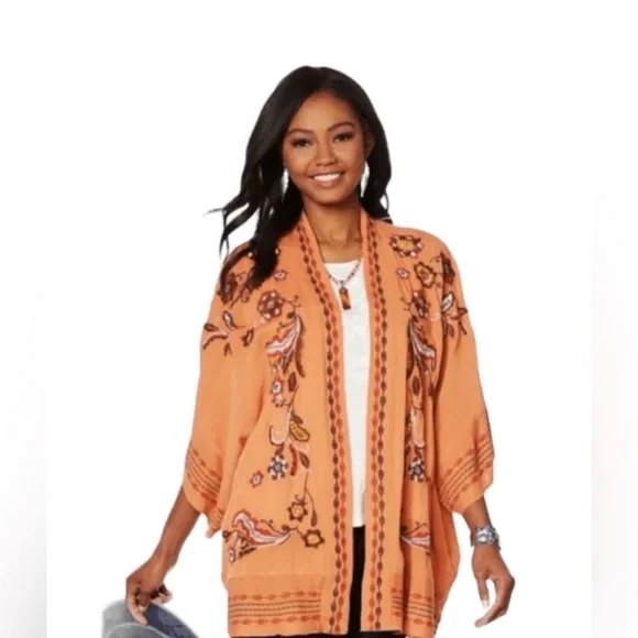 Orange Floral Women's Kimono Jacket - Picture 1 of 8